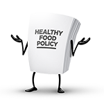 Healthy food policy document shaped character arms akimbo