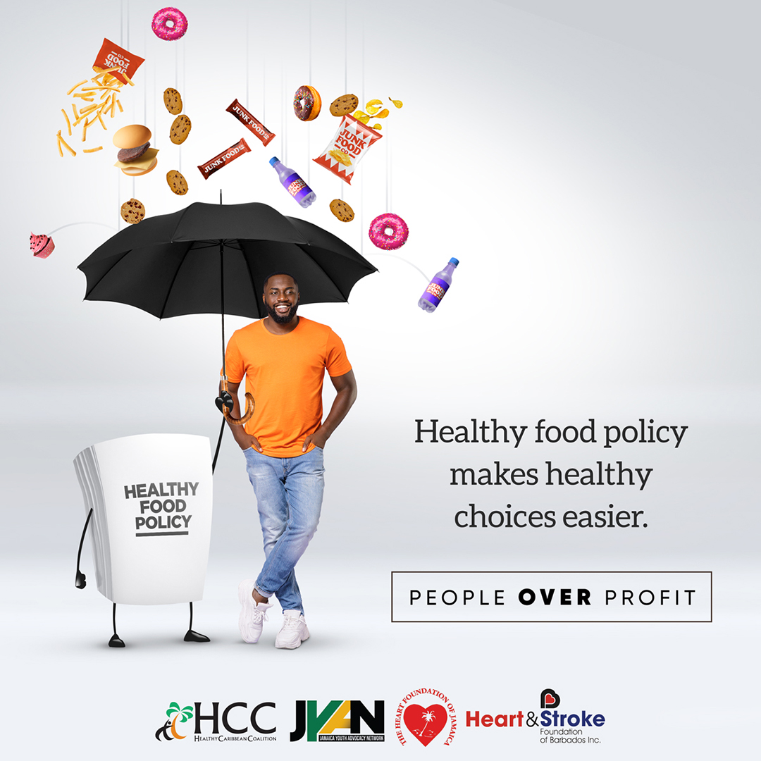 Healthy food policy document shaped character holding an umbrella protecting person from falling junk food
