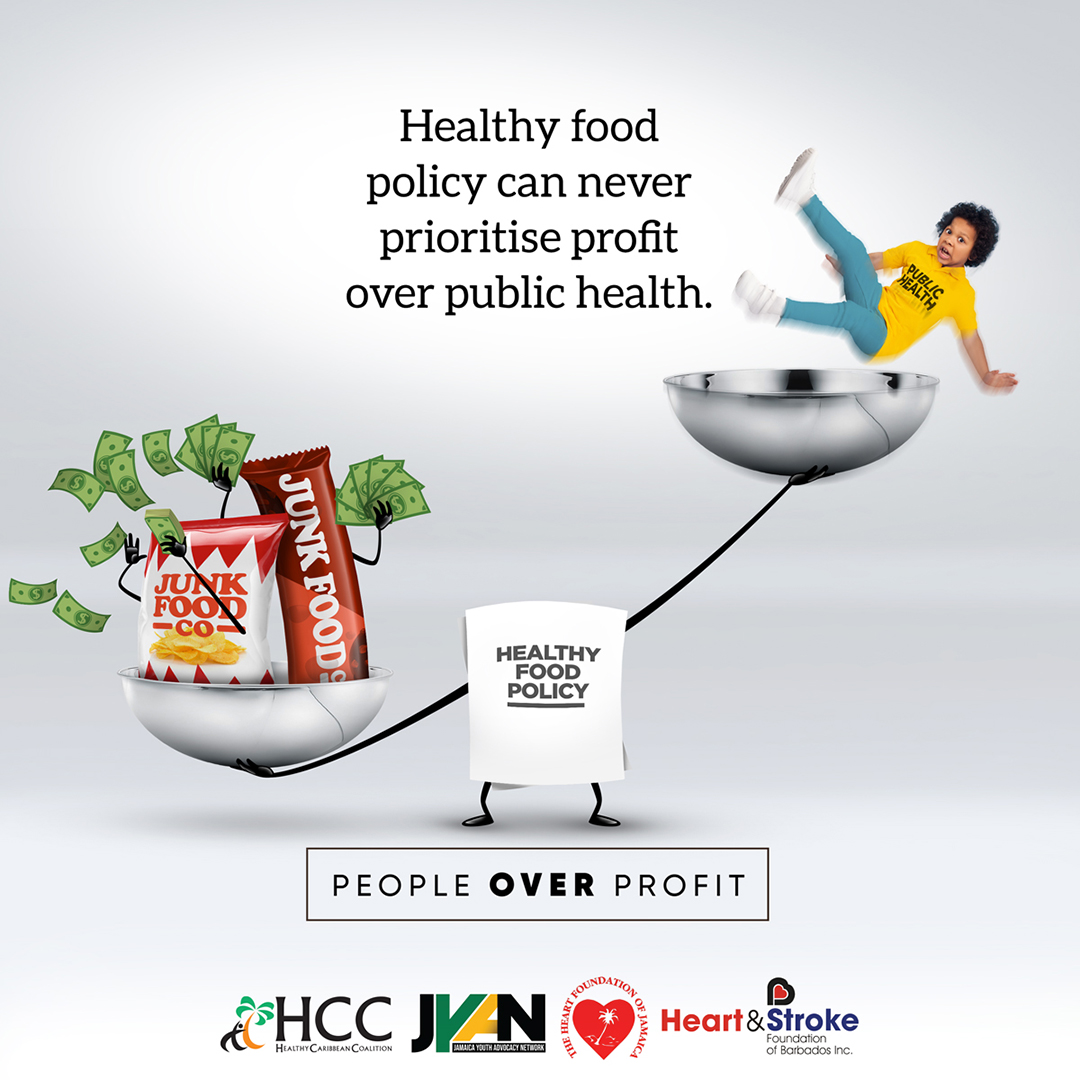Healthy food policy document shaped character balancing the weight of junk food and money against public health