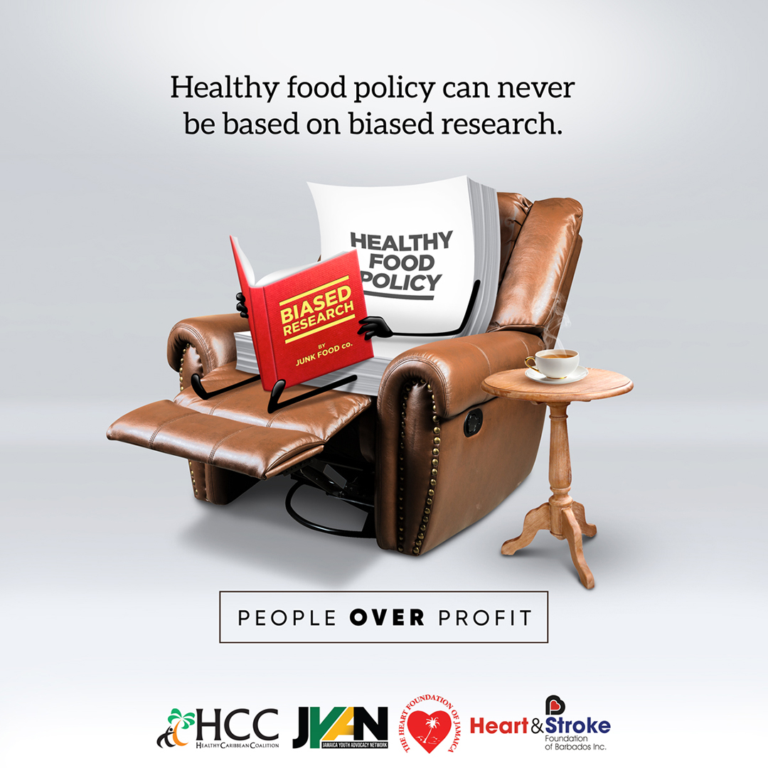 Healthy food policy document shaped character sitting in an armchair reading biased research book