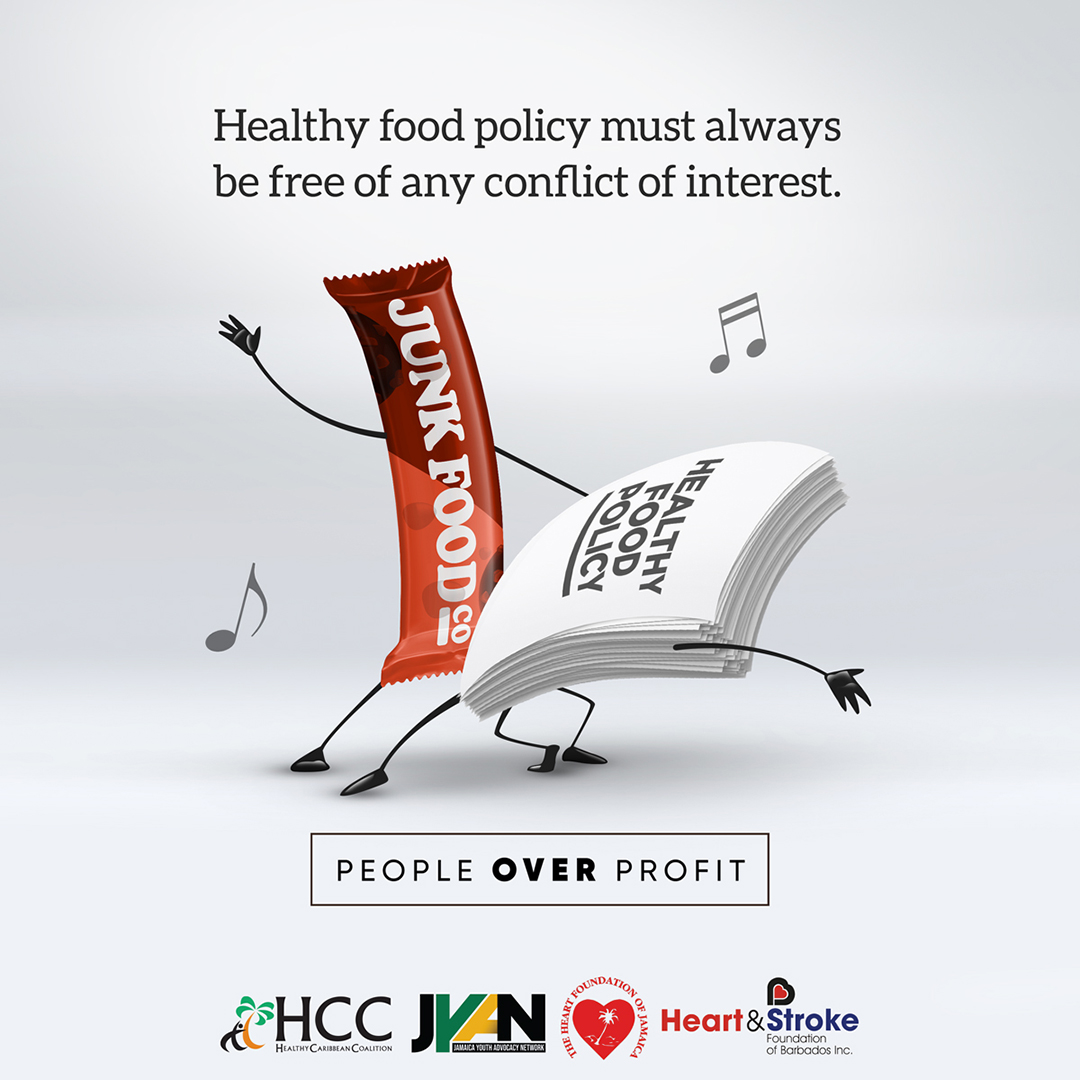 Healthy food policy document shaped character dancing with a junk food shaped character
