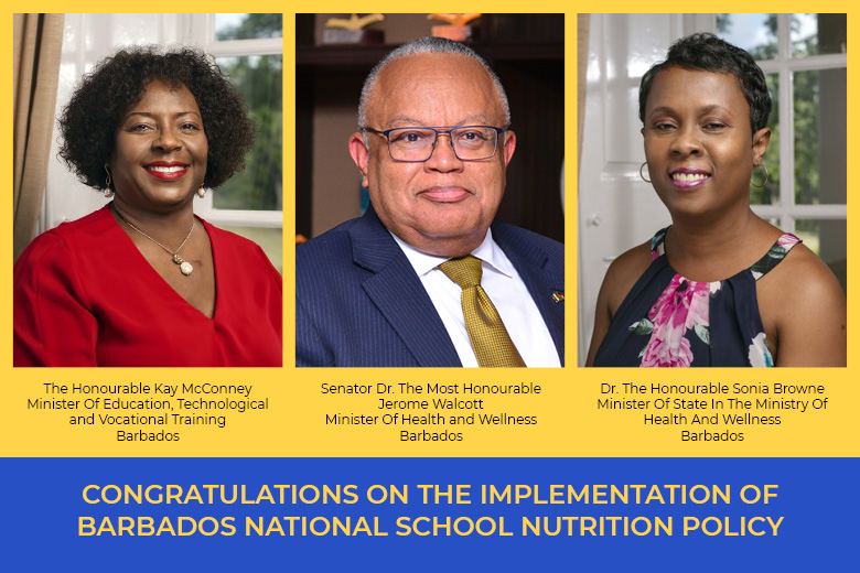 3 members of the Barbados Government being congratulated for the National School Nutrition Policy
