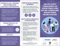 Purple coloured brochure titled How civil society organizations can support people living with noncommunicable diseases during natural disasters