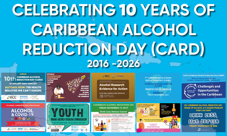 Many powerpoint slides on a blue background with Celebrating 10 Years of Caribbean Alcohol Reduction Day written in white bold letters