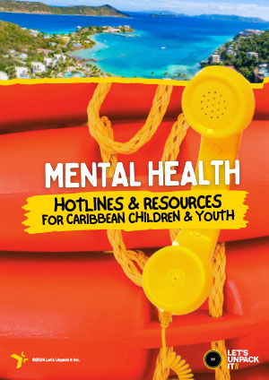 Picture of the Caribbean with a larger yellow telephone overlaid on top of a bright red background with the words MENTAL HEALTH HOTLINES & RESOURCES in large letters