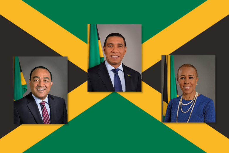 Jamaica flag with 3 head and shoulders pictures of the government of Jamaica