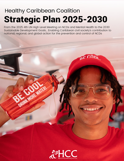 A smiling person in a red shirt and cap holds a red bottle labeled BE COOL DRINK MORE WATER. The cover text reads Healthy Caribbean Coalition Strategic Plan 2025-2030.