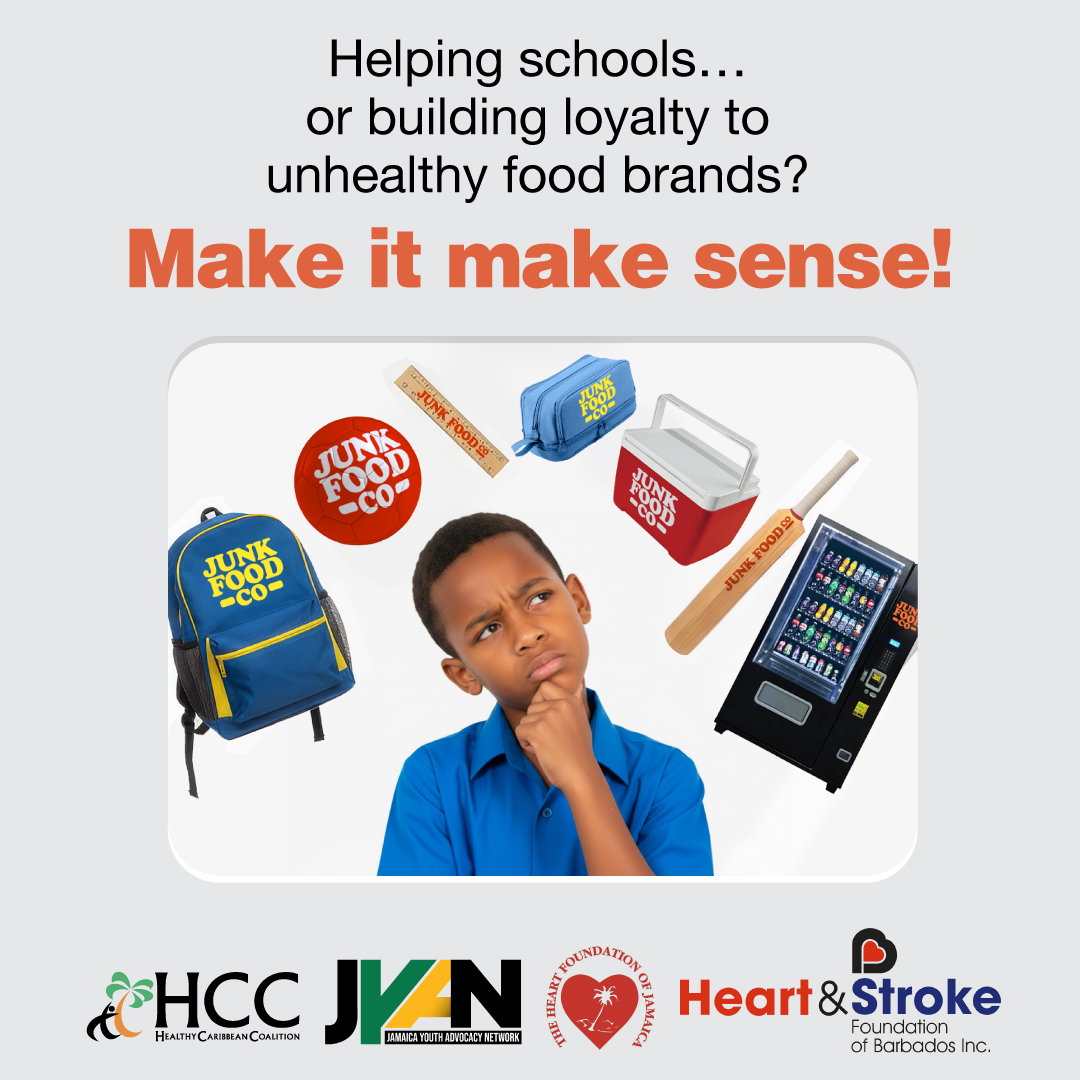 An advocacy campaign graphic addressing corporate branding in schools. It features a pensive schoolboy surrounded by floating school supplies and sports equipment branded with the "JUNK FOOD -CO-" logo. The headline asks if such branding helps schools or builds loyalty to unhealthy food. Health organisation logos from the Caribbean region appear at the base.
