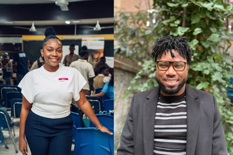 Split image: On the left, a woman stands smiling inside a room with people and chairs; on the right, a man smiles outdoors in front of greenery, wearing glasses and a blazer