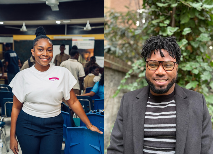 Split image: On the left, a woman stands smiling inside a room with people and chairs; on the right, a man smiles outdoors in front of greenery, wearing glasses and a blazer