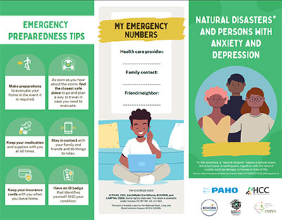 An infographic brochure providing emergency preparedness advice for individuals with anxiety and depression during natural disasters. It includes a checklist of safety tips such as preparing to evacuate and keeping medication handy, a fillable emergency contact list, and an illustrated cover panel. Institutional logos including PAHO and the Healthy Caribbean Coalition are visible at the base of the design.