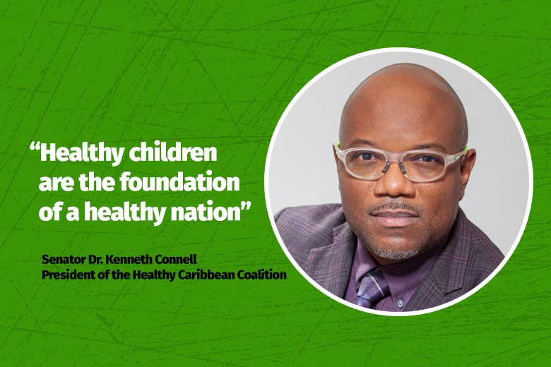 profile picture of Senator Dr. Kenneth Connell President of the Healthy Caribbean Coalition on a scratched green background