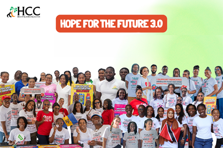 Healthy Caribbean Coalition activists gather, holding signs for a child health campaign. Top text reads: 'HOPE FOR THE FUTURE 3.0'