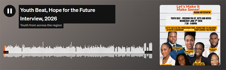 Audio player displaying 'Youth Beat, Hope for the Future Interview, 2026' with waveform player and event poster featuring youth speakers