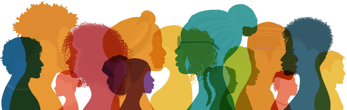 A vibrant banner displaying a row of diverse human profiles overlapping in various translucent colours, symbolising unity and engagement.