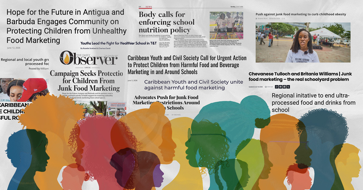 Silhouettes of youth layered over news clippings advocating for school nutrition policies and restrictions on unhealthy food marketing
